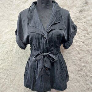 Vintage Bebe Women's 100% Silk Black Bow Open Back Short Sleeve Blouse Size 4